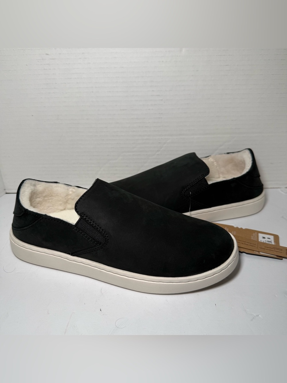 Olukai Pehuea Cozy 20548-LRLR Women’s Sz 8 Bk Leather Real Fur Comfort Slip On